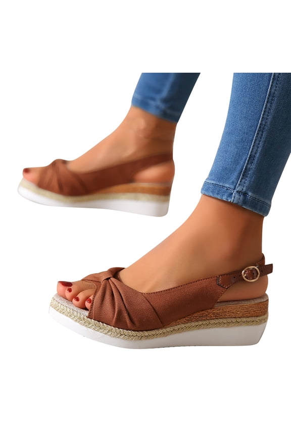 Womens Wedge Sandals, Bow Open Toe Wide Width Summer Slingback Dressy Shoes Brown