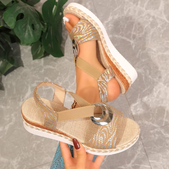 Viluyesy Womens Wedge Sandals, Fashion Striped Comfort Peep Toe Summer Casual Dressy Shoes Khaki US9