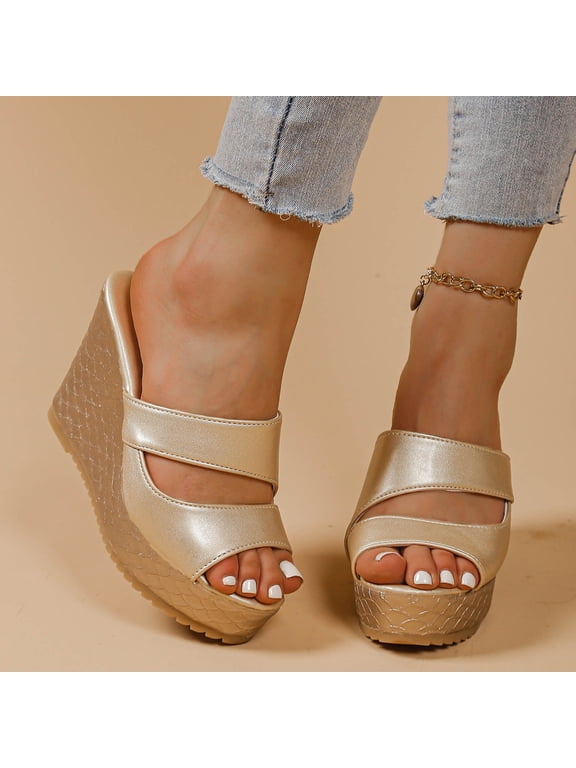Womens Wedge Sandals, Faux Leather Peep Toe Slip-On Casual Fashion Platform Shoes Gold US7