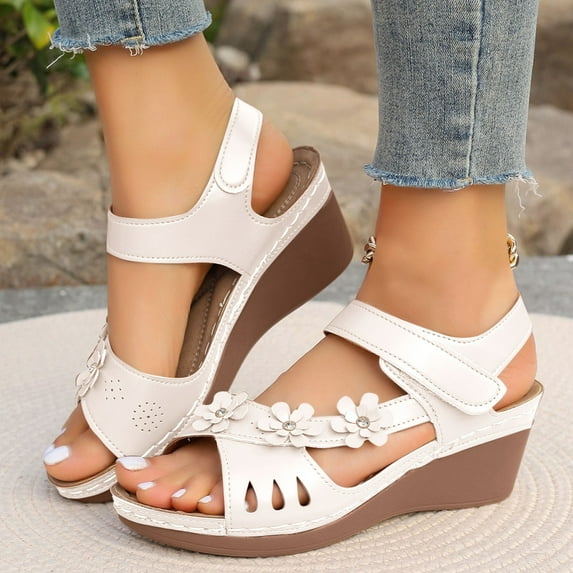 Viluyesy Womens Wedge Sandals, Open Toe Ankle Strap Arch Support Floral Walking Travel Shoes White