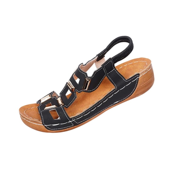 Viluyesy Womens Wedge Sandals, Open Toe Soft Sole Elastic Ankle Strap Summer Comfort Fashion Shoes Black US5.5