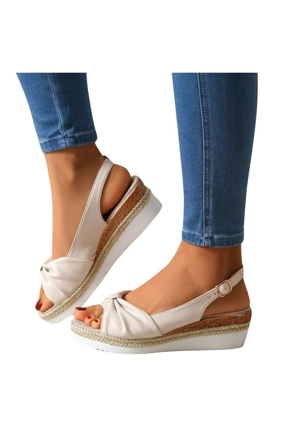 Womens Wedge Sandals, Open Toe Wide Width Bow Summer Slingback Dressy Shoes Beige