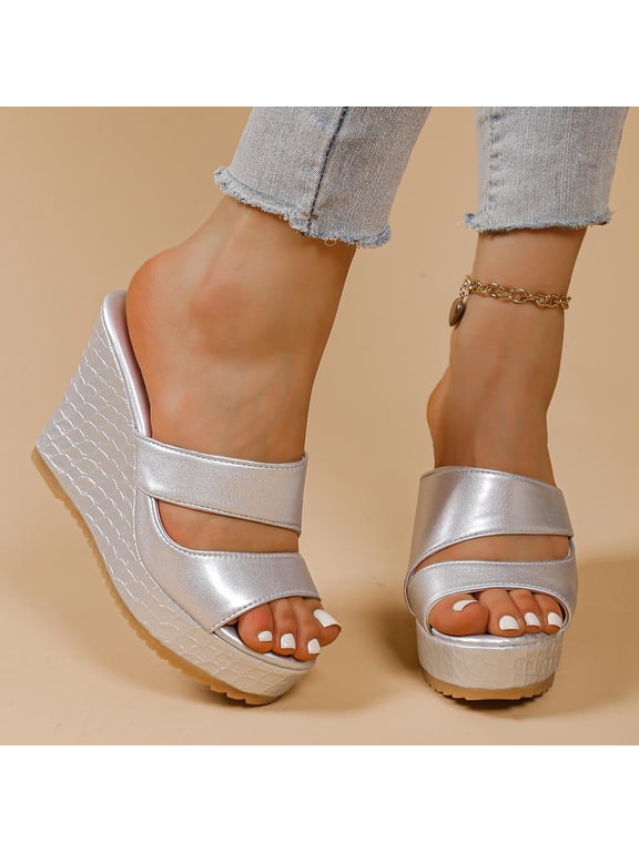 Womens Wedge Sandals, Peep Toe Faux Leather Slip-On Casual Fashion Platform Shoes Silver US9