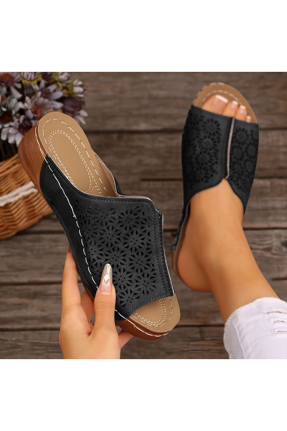 Womens Wedge Sandals, Slip-On Arch Support Soft Sole Spring Summer Comfort Slide Shoes Black 7.5