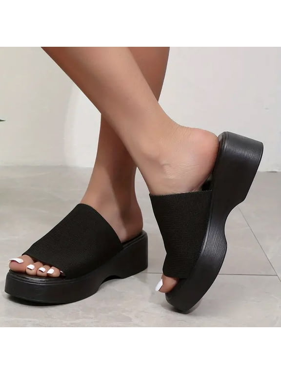 Womens Wedge Sandals, Slip-On Flatform Leopard Solid Summer Beach Casual Shoes Black