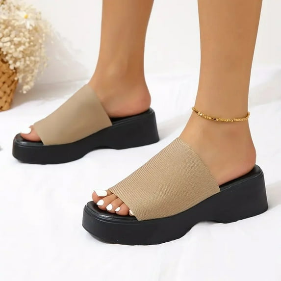 Viluyesy Womens Wedge Sandals, Slip-On Leopard Solid Flatform Summer Beach Casual Shoes Khaki