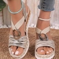 thumbnail image 1 of Viluyesy Womens Wedge Sandals, Striped Open Toe Wide Width Fashion Dressy Shoes Beige, 1 of 7