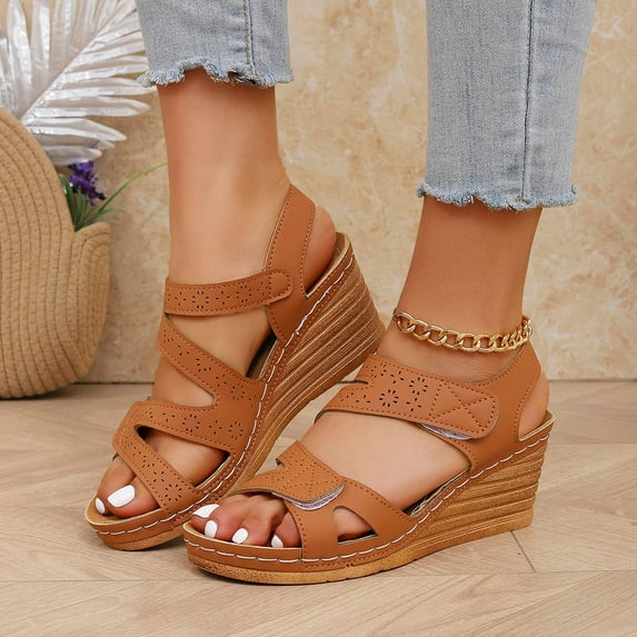 Viluyesy Womens Wedge Sandals, Wide Width Arch Support Round Toe Summer Casual Walking Shoes Brown
