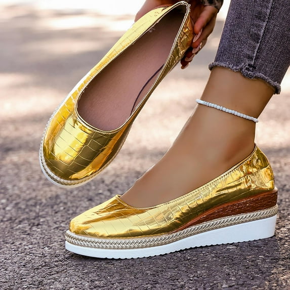 Viluyesy Womens Wedge Shoes, Thick Sole Shallow Closed Toe 2026 Slip-On Fashion Sandals Gold US7