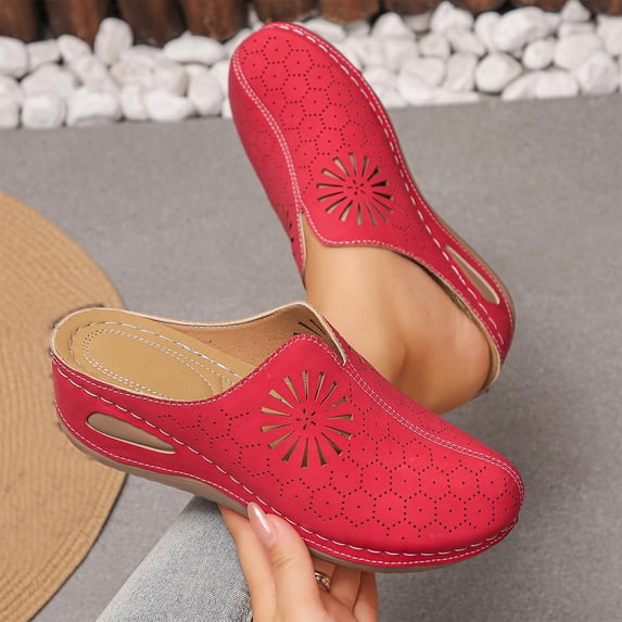 Viluyesy Womens Wedge Slide Sandals, Closed Toe Arch Support Soft Sole Slip-On Mule Shoes Red US6