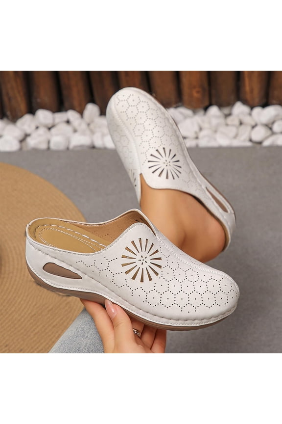 Womens Wedge Slide Sandals, Soft Sole Arch Support Closed Toe Slip-On Mule Shoes Beige US6.5