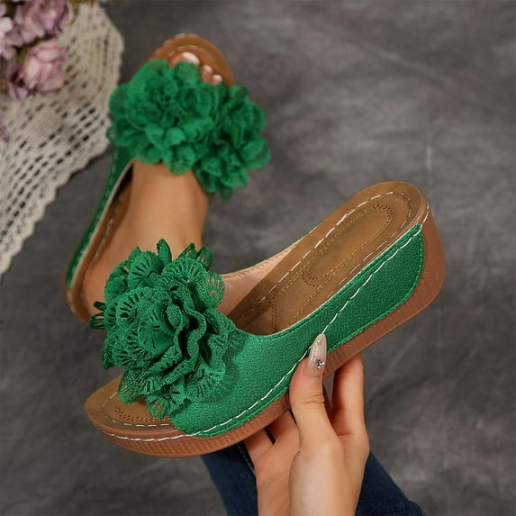 Viluyesy Womens Wedge Slide Sandals, Soft Sole Wide Width Open Toe 2026 Casual Beach Slipper Shoes Green US5.5