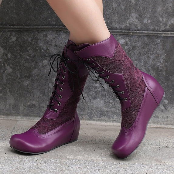 Viluyesy Womens Western Boots, Retro Embroidery Lace Up Mid-Calf Fashion Hidden Heel Cowgirl Boots Purple