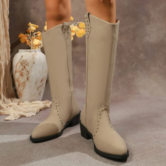 Viluyesy Womens Western Knee High Boots, Low Heels Faux Leather Pointed Toe Fashion Cowgirl Tall Boots Khaki
