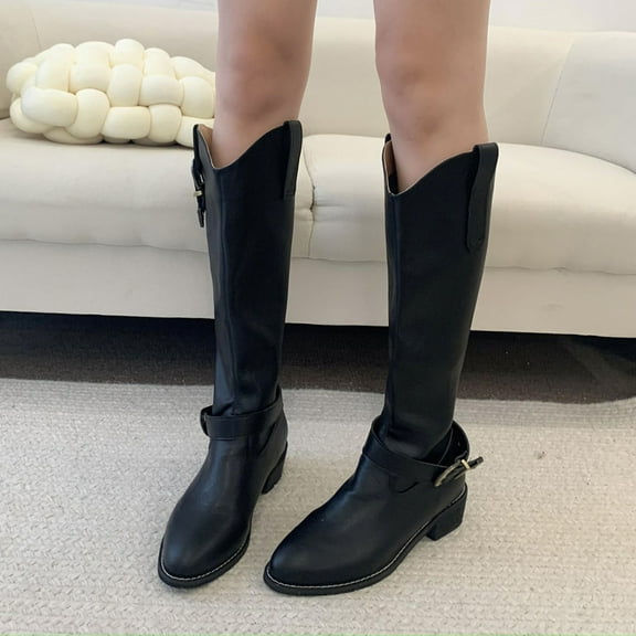 Viluyesy Womens Western Knee High Boots, Low Heels Wide Calf Pull-On 2025 Fashion Tall Boots Black