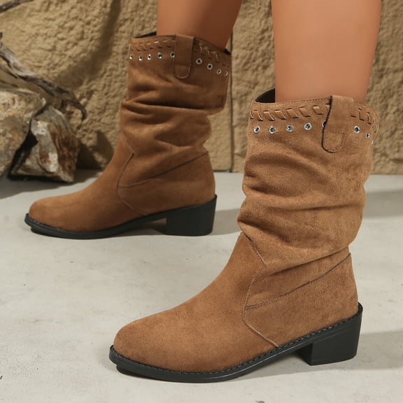 Viluyesy Womens Western Mid Calf Boots, Comfortable Chunky Heels Pull-On Fall Fashion Slouchy Boots Brown US6