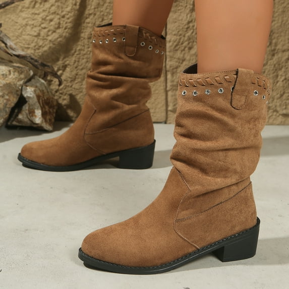 Viluyesy Womens Western Mid Calf Boots, Pull-On Chunky Heels Comfortable Fall Fashion Slouchy Boots Brown US7
