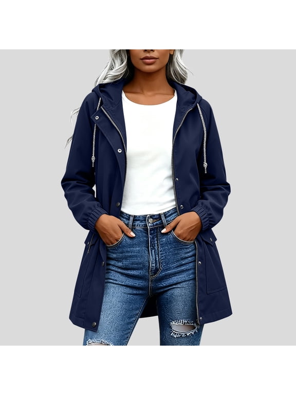 Womens Windbreaker Jacket Waterproof Drawstring Waist Midi Length Hooded Outdoor Hiking Coat Navy Size M