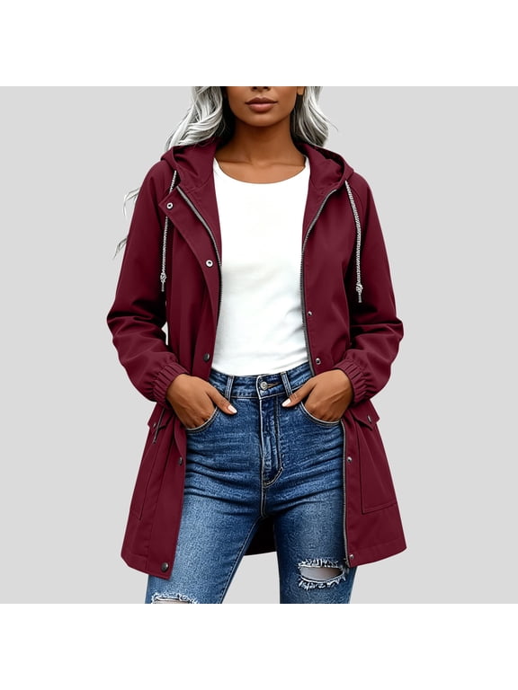 Womens Windbreaker Jacket Waterproof Drawstring Waist Midi Length Hooded Outdoor Hiking Coat Wine Size XL