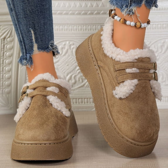 Viluyesy Womens Winter Ankle Boots Platform Fleece Lined Warm Buckle Strap Faux Suede Comfortable Shoes Khaki Size 6.5
