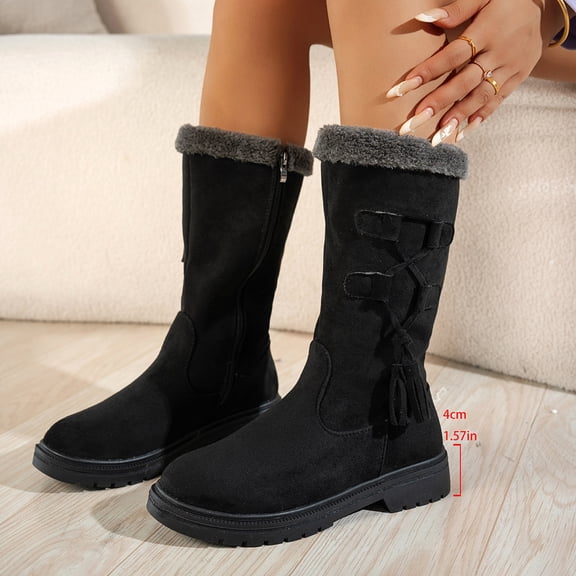 Viluyesy Womens Winter Boots, Warm Fleece-Lined Zipper Low Heels Fashion Mid Calf Snow Boots Black US7