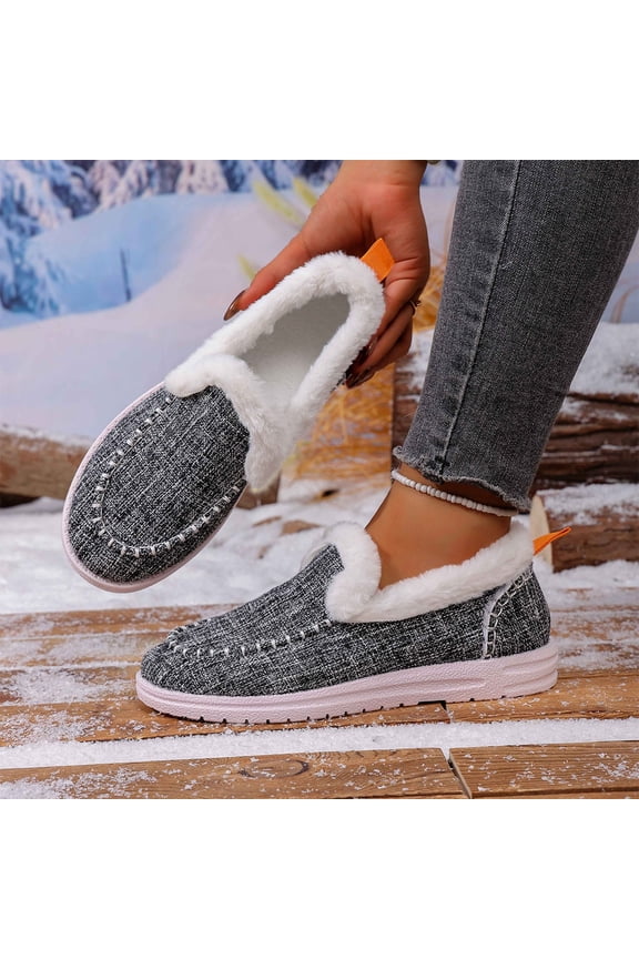 Womens Winter Flats, Thicken Sole Wide Width Plush Warm 2025 Fashion Casual Snow Shoes Gray US9.5