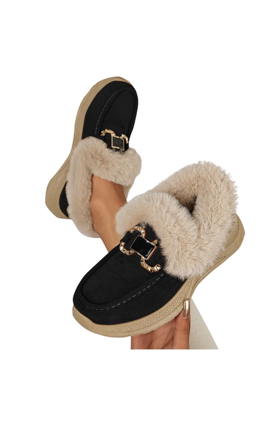 Womens Winter Loafers, Furry Collar Faux Fur Lined Soft Sole Winter Suede Leather Snow Shoes Black US6.5