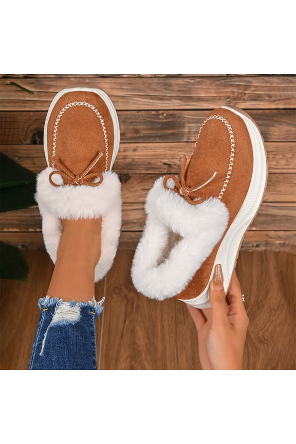 Womens Winter Snow Boots, Furry Collar Faux Fur Lined Thick Sole Keep Warm Wedge Heels Suede Shoes Brown US7.5