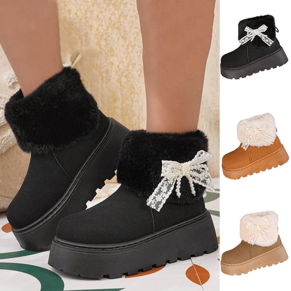 Viluyesy Womens Winter Snow Boots Platform Fur Lined Warm Non Slip Faux Suede Pearl Bow Casual Boots Black Size 6