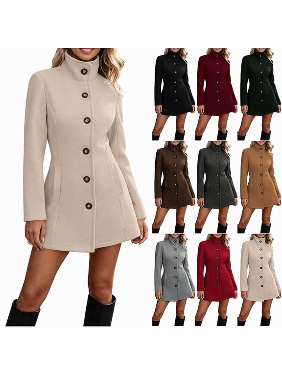 Womens Wool Coat Button Down Stand Collar Fitted Warm Winter Peacoat Pockets Beige Size M