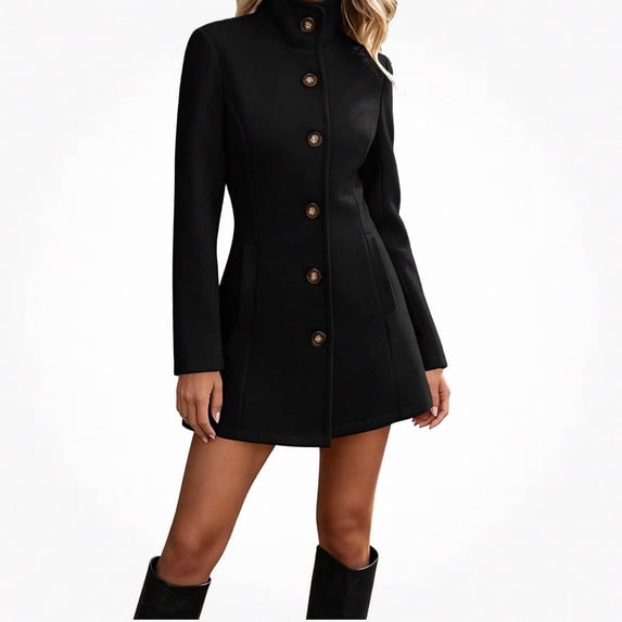 Viluyesy Womens Wool Coat Button Down Stand Collar Fitted Warm Winter Peacoat Pockets Black Size 3XL