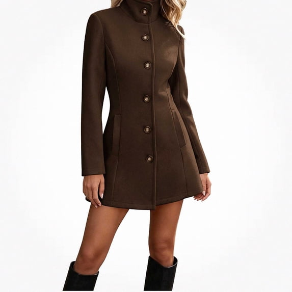 Viluyesy Womens Wool Coat Button Down Stand Collar Fitted Warm Winter Peacoat Pockets Coffee Size XL