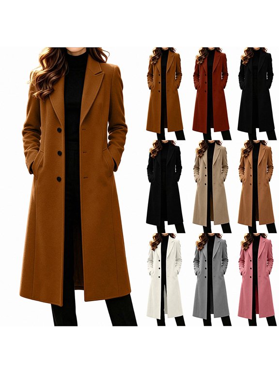 Womens Wool Coat Lapel Collared Single Breasted Long Warm Winter Outerwear Brown Size M