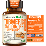 Vimerson Health Turmeric Supplement with Ginger Root & Black Pepper for Enhanced Absorption   Daily Joint, Digestion & Immune Support   60 Capsules