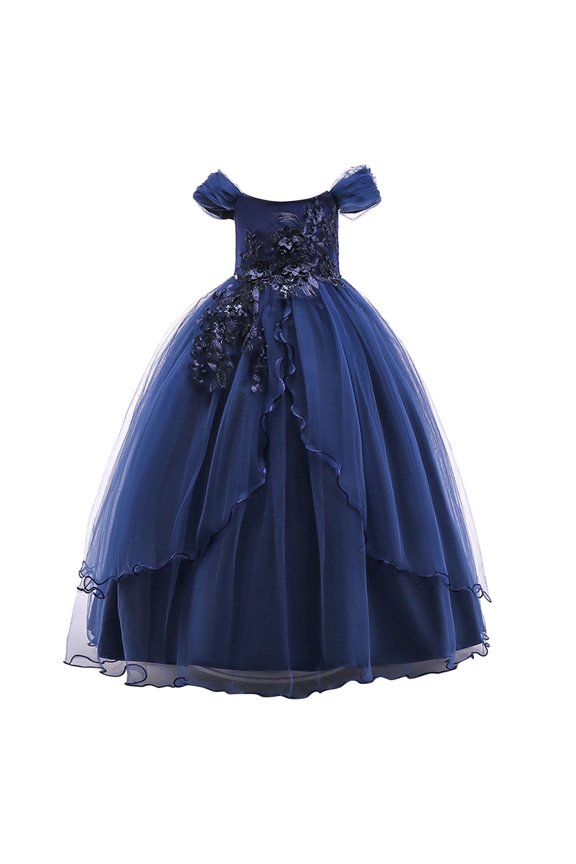 Retro off-shoulder flower girl dress with feathered lace. For children/adolescents. Wedding/summer wear (suitable for 6-7-year-old girls)