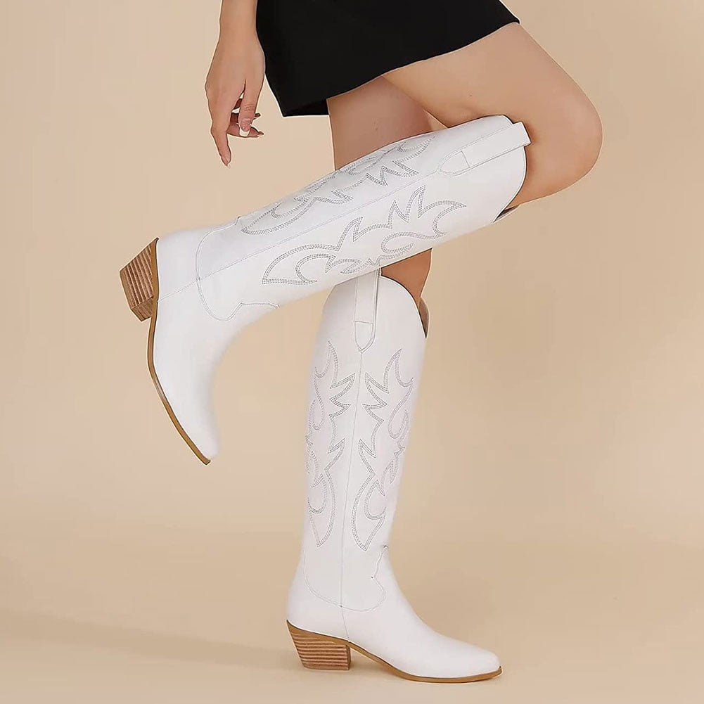 Vimisaoi Cowboy Boots For Women Embroidery Knee High Wide Calf Cowgirl
