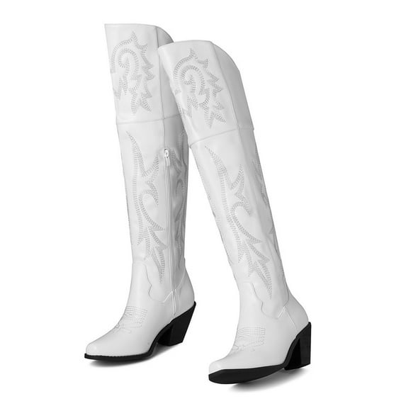 Vimisaoi Knee High Boots for Women With Zipper Cowboy Boots Pointed Toe Chunky Cork Heel Knight Boots Vintage Embroidery Western Cowgirl Over The Knee Boots