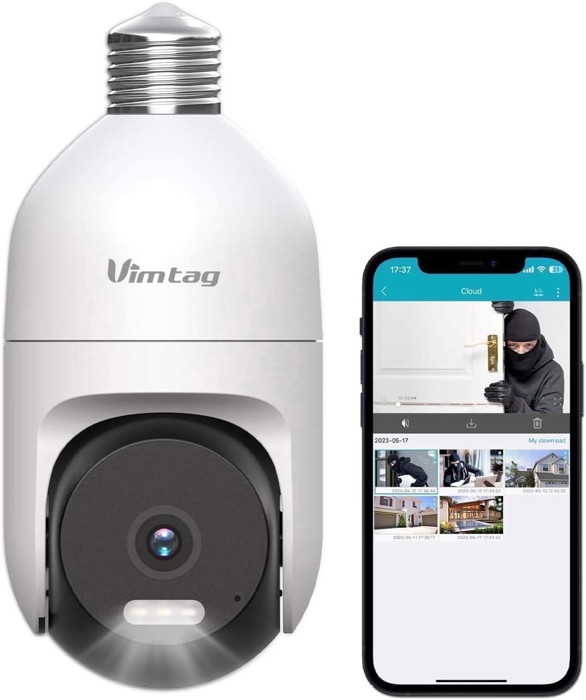 Vimtag Light Bulb Camera, 2.5K/4MP Light Bulb Security Camera Outdoor with Spotlight/Night Vision/PTZ/Speaker/2-Way Talk/Phone App/IP/Human/Sound/Motion Detection for Home Security