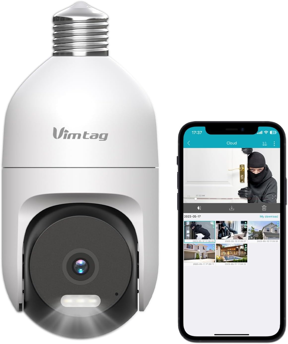 Vimtag Light Bulb Camera, 2.5K/4MP Light Bulb Security Camera Outdoor with Spotlight/Night Vision/PTZ/Speaker/2-Way Talk/Phone App/IP/Human/Sound/Motion Detection for Home Security