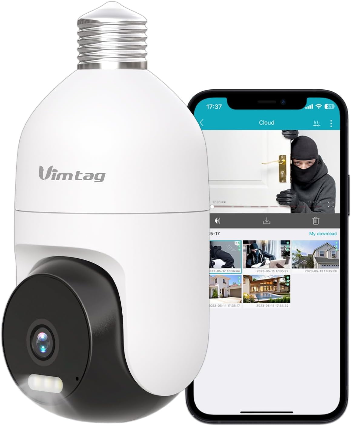 Vimtag Light Bulb Camera, 3.5K/6MP Light Bulb Security Camera Outdoor with Spotlight/Night Vision/PTZ/Speaker/2-Way Talk/Phone App/IP/Human/Sound/Motion Detection for Home Security