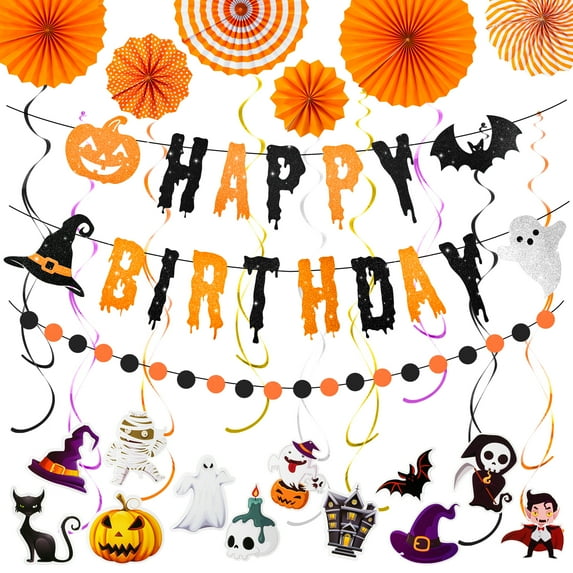 VinTS Happy Birthday Decoration,Black Orange Halloween Birthday Banner with Hanging Swirl Streamer,Circle Confetti Dots,Hanging Paper Fans Garlands for Birthday Halloween Party Decor