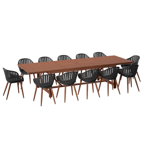Vina 13-Piece Outdoor Rectangular Extendable Dining Table and Chairs Set | Eucalyptus Wood | Ideal for Patio, Brown Table & Black Chairs