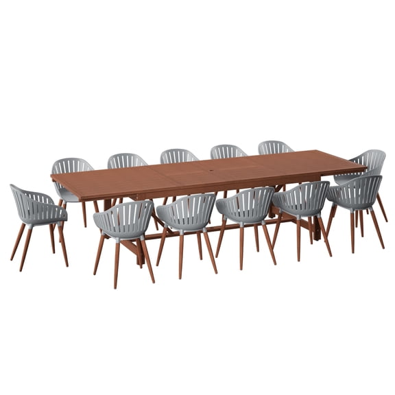 Vina 13-Piece Outdoor Rectangular Extendable Dining Table and Chairs Set | Eucalyptus Wood | Ideal for Patio, Brown Table & Grey Chairs