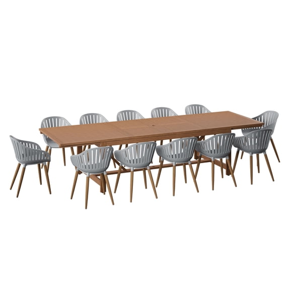 Vina 13-Piece Outdoor Rectangular Extendable Dining Table and Chairs Set | Teak Finish | Ideal for Patio, Light Brown Table & Grey Chairs