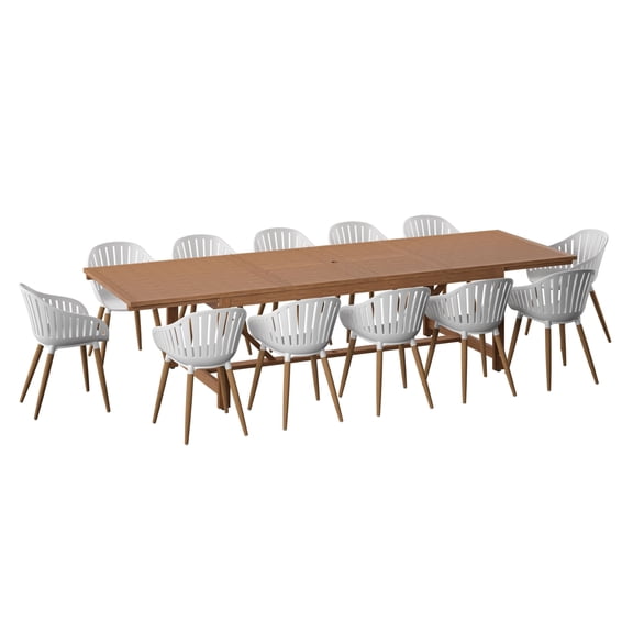 Vina 13-Piece Outdoor Rectangular Extendable Dining Table and Chairs Set | Teak Finish | Ideal for Patio, Light Brown Table & White Chairs