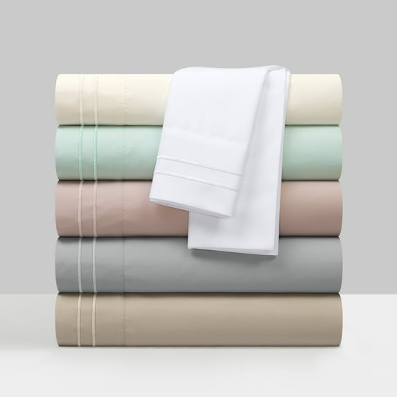 Vina 3 or 4 Piece Sheet Set Solid Color With Dual Stripe Embroidery