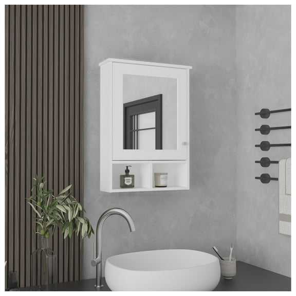 Vina Medicine Cabinet with Mirror Door 29" High Cabinet Organizer with Three concealed Shelves and Two Open shelves for Bathroom, Kitchen, Mudroom + White + 1 + 4 + Bathroom + Modern + Particle Board