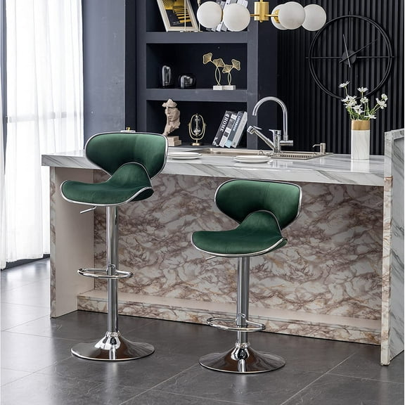 Vina Velvet Upholstered Adjustable Swivel Barstool, Set of 2, Green