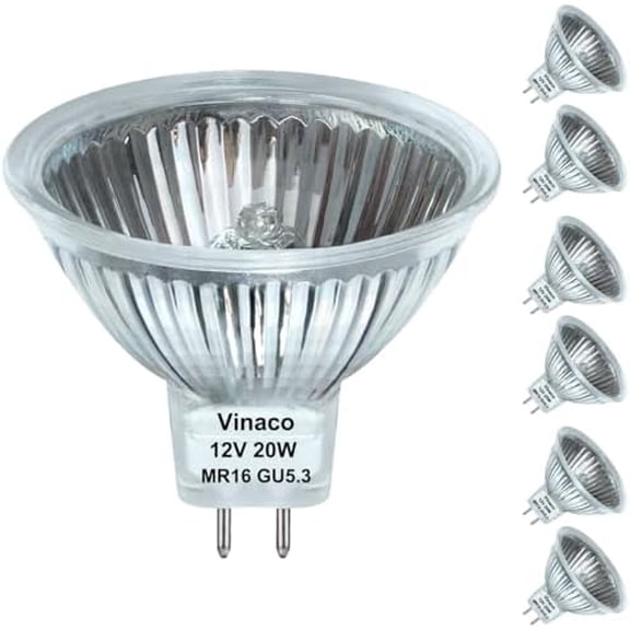 Vinaco 6 Pack MR16 Halogen Bulb 20W 12V, 2800K Warm White, Dimmable, GU5.3 Base, 300 Lumens, 3000 Hour Life, Indoor/Outdoor
