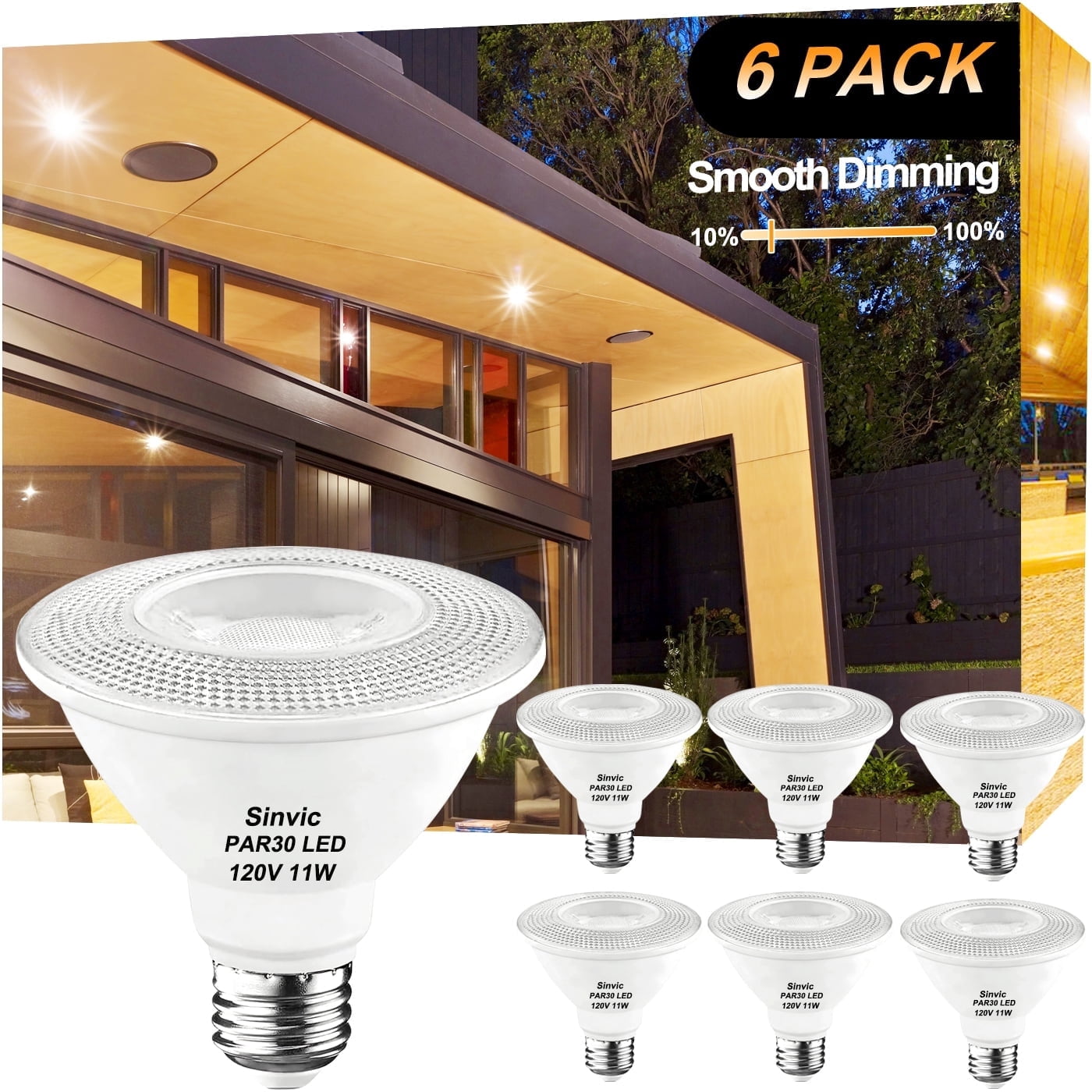 Sinvic 6 Pack Dimmable PAR30 Short Neck LED Bulb 11W 75W Equiv 850LM 2700K E26 Flood Light